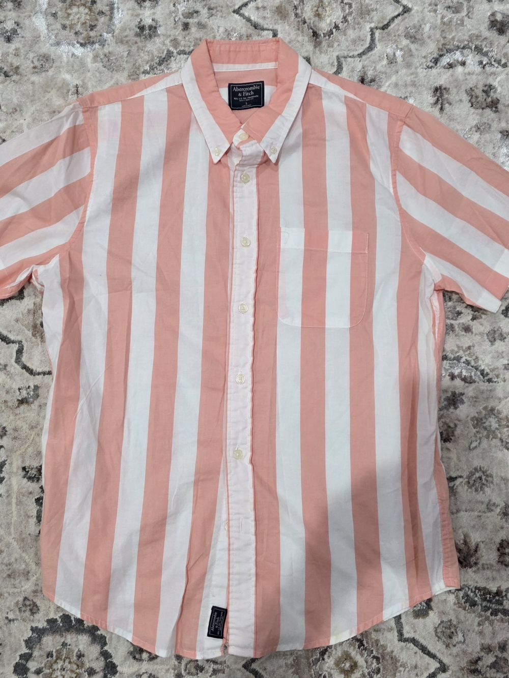 Abercrombie & Fitch Coral and White Vertical Stripe Button-Down Shirt